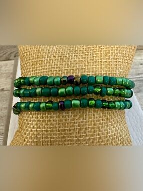 Emerald Green Beaded Stretch Bracelet Set of 3